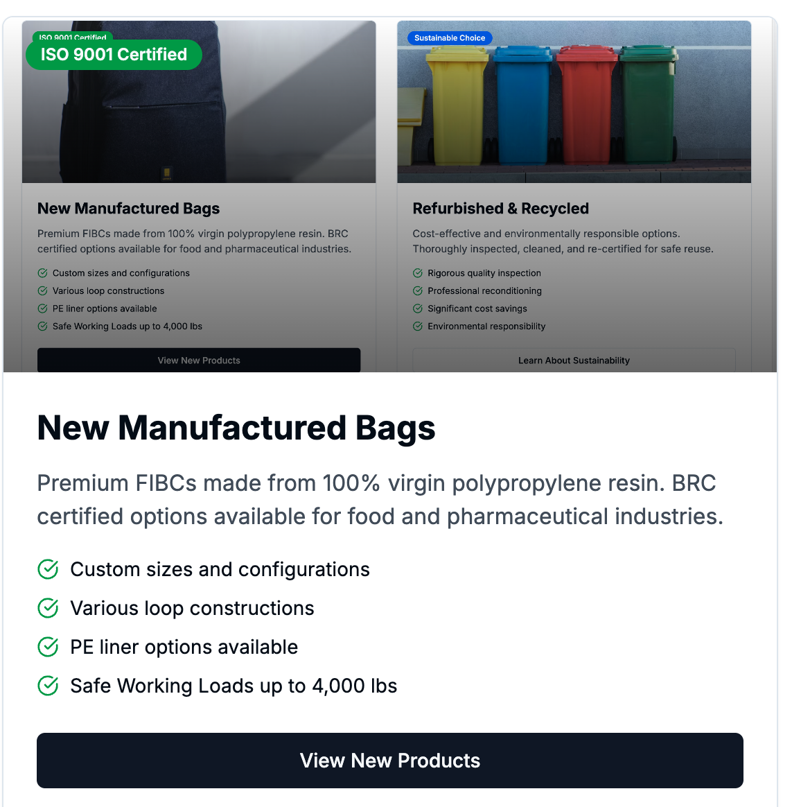 Updated product comparison showing New Manufactured Bags and Refurbished & Recycled options with improved layout
